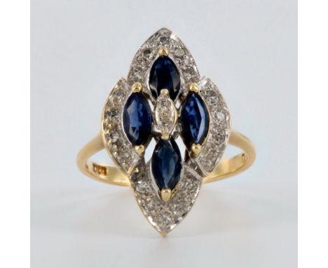 This ring has 4 6mm x 3mm sapphires weighing 1cts and 22 diamonds weighing .11cts. The stones are set in 3.6g of 10k white an