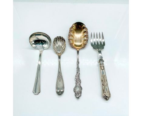 Four lovely serving utensils. Ladle, 6.5"L, stamped Oneida Silversmith. Large serving spoon, 8.75"L, stamped Rogers &amp; Bro