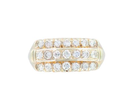 Diamond Tri Band Ring in 14K white gold.21 Round diamonds, .56 cts. G-H, VS. Size 5. 3.36 g Condition: Age related wear.