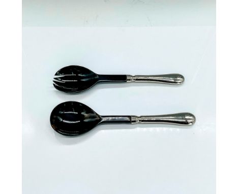 Spoon and fork set with silver plated handles. The top portion is black resin with tan streaks. Dimensions: 9.5"LCondition: A
