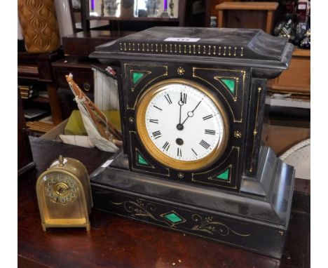 A VICTORIAN SLATE CASED MANTEL CLOCK and a small brass cased clock (2)