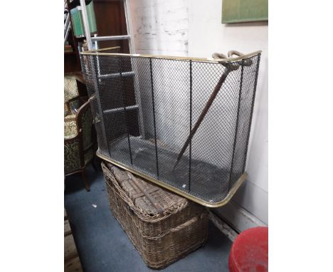 A VICTORIAN NURSERY WIRE FIREGUARD, with brass rim and foot, 99 cm wide, a Vintage wicker laundry basket, a Burco water boile