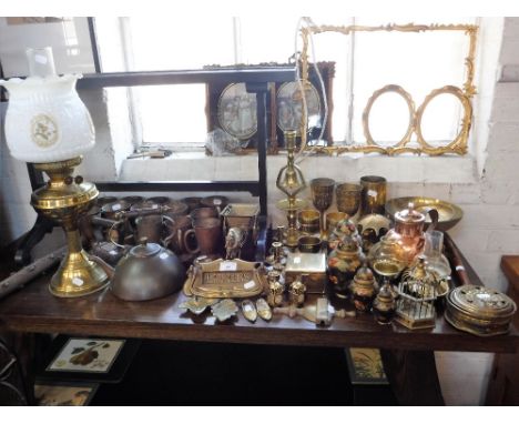 A VICTORIAN BRASS LETTER BOX, an oil lamp and a collection of brass and similar metalware