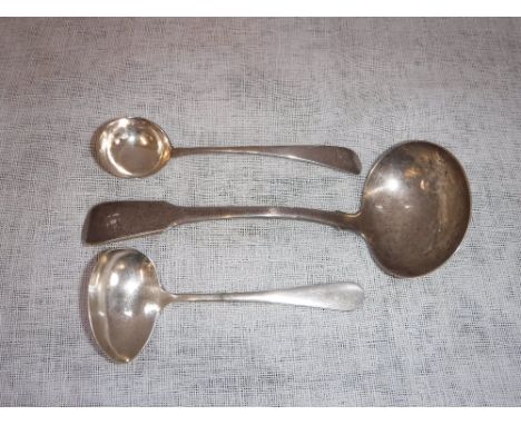 A SILVER SAUCE LADLE and two other silver spoons (c.98gms)