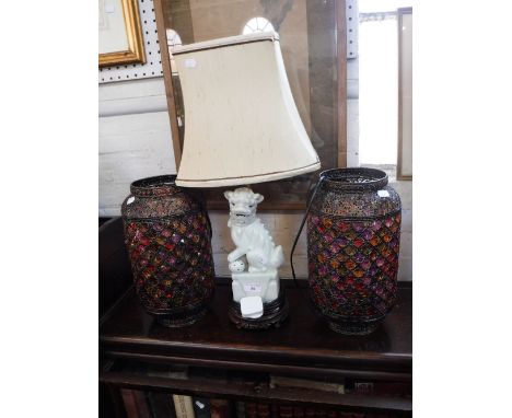 AN ORIENTAL TABLE LAMP with a white ceramic "Dog of Fo" and a pair of Moroccan style lamps with multi-coloured panels