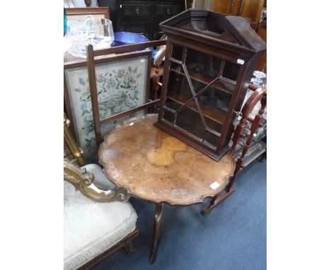 A SMALL GLAZED MAHOGANY WALL CABINET, 56 cm high x 41 cm wide, a walnut coffee table, a needlework fire screen and a towel ra