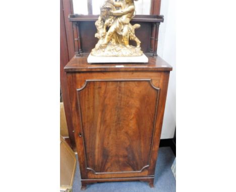 A GEORGE III FIGURED MAHOGANY MUSIC CABINET, with a single shelf above a single panelled door enclosing a divided interior, 1