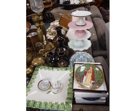 A COLLECTION OF CERAMIC CAKE STANDS, a collection of black glazed Oriental vases and similar ceramics