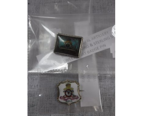 A RARE WWI PAINTED CHINA/SILVER ROYAL HORSE ARTILLERY R.H.A. SWEETHEART PIN-BADGE and one other WWI Army Royal Artillery butt