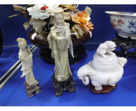 A CHINESE 'LILAC JADE' CENSER AND COVER with a Dog of Fo carved to the lid, on a wooden stand, Qing, 13 cm high (including ba