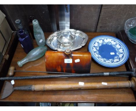 A VINTAGE ORANGE GLAZED HOT WATER BOTTLE, two Vintage tools, old bottles and sundries