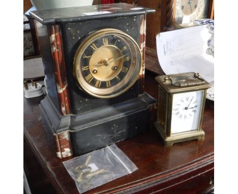 A VICTORIAN SLATE CASED MANTEL CLOCK and a brass cased carriage clock (2) (keys in office)
