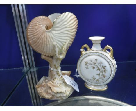 ROYAL WORCESTER; A BLUSH IVORY "CORNUCOPIA" VASE with a shell decorated base, 16.5 cm high and a "Moon Flask" vase, 11 cm hig