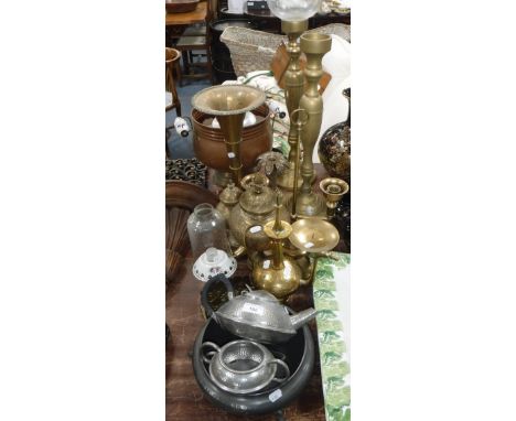 AN INDIAN BRASS JAR with cover, a tall brass storm lantern, similar metalware and a pewter teaset