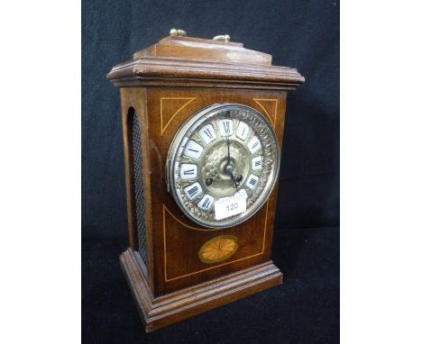 A MAHOGANY CASED BRACKET CLOCK, with a brass face inset with enamel Roman numerals, 31 cm high