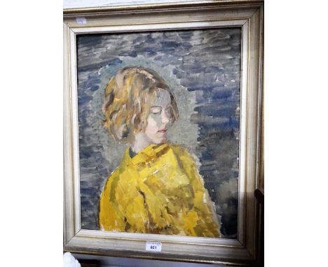 20TH CENTURY PORTRAIT of a woman wearing a yellow dress, oil on board with a floral painting on the reverse, with label, 'By 