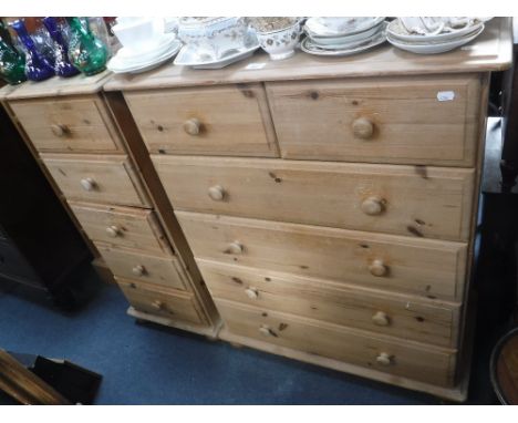 A PINE CHEST OF DRAWERS, 81 cm wide, a pine tall chest of five drawers and a narrow bookcase/cd shelf (3)