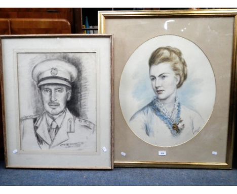 A 19TH CENTURY WATERCOLOUR PORTRAIT OF A WOMAN, 'Mrs Barrable, 1875' and a black chalk portrait of a military man (2)