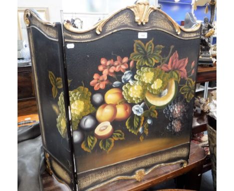 A CONTINENTAL FIRE SCREEN hand painted with fruit, 81 cm high