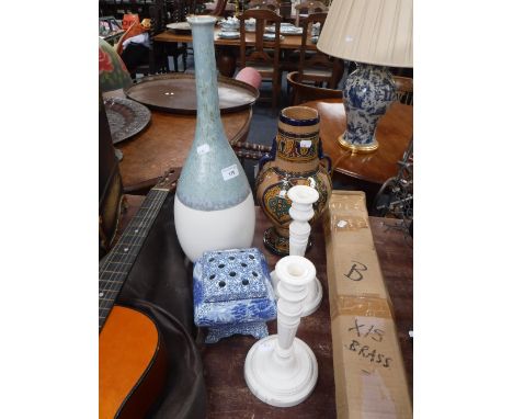 A MORROCAN VASE, a pair of French ceramic candlesticks and similar ceramics