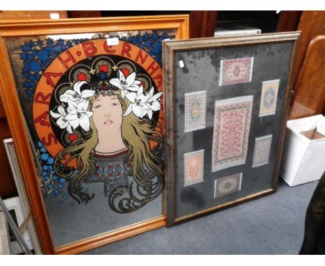 SEVEN MINIATURE 'PERSIAN RUGS', framed together and a mirror decorated with a portrait of Sarah Bernhardt, after Alphonse Muc