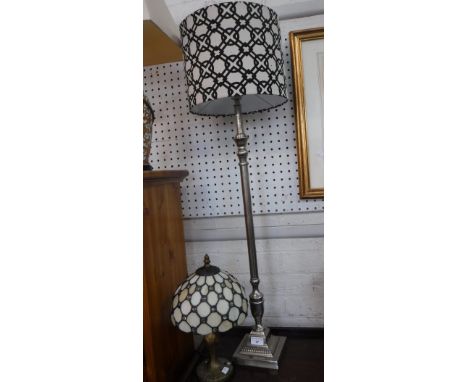 A CONTEMPORARY CHROME TABLE LAMP and another in the Tiffany style (2)