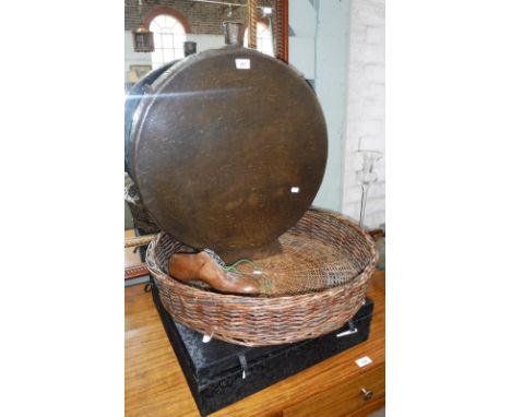 A LARGE PAPIER MACHE VASE, in the form of a moon flask, 64 cm high, a circular wicker basket, a wooden shoe tree and a Chines