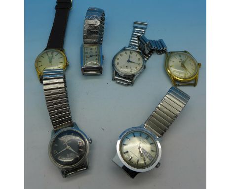 Seven vintage wristwatches including Avia, Enicar and Timex automatic