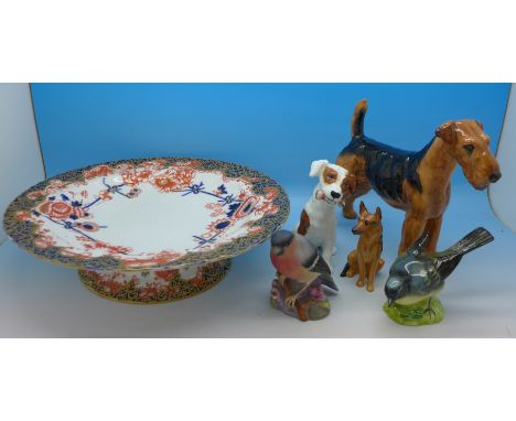 Three Royal Doulton dog figures, a Beswick figure of a bird, a Royal Worcester figure of a bullfinch and a Crown Derby Melton