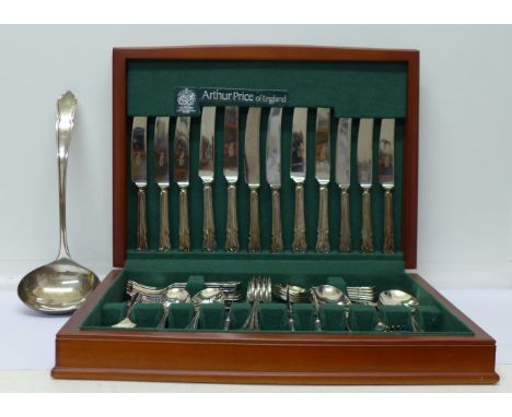 An Arthur Price cased canteen of cutlery and a plated ladle