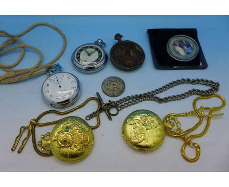 An Elgin Timer stopwatch, four other pocket watches, Albert chain and two coins