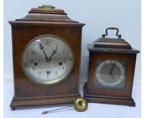 A walnut table clock with striking movement and one other clock