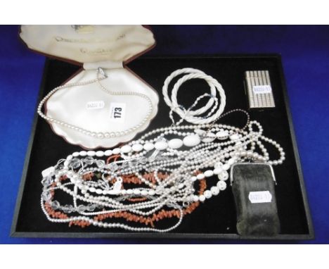A MIXED ASSORTMENT OF JEWELLERY INCLUDING CORAL AND SIMULATED PEARLS, DUPONT LIGHTER AND OPERA GLASSES