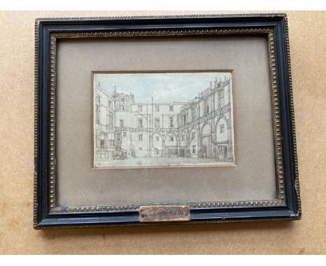 Pugin, Augustus Welby. View in Normandy, a watercolour of a Gothic courtyard, 140mm x 90mm, titled on reverse, framed and gla