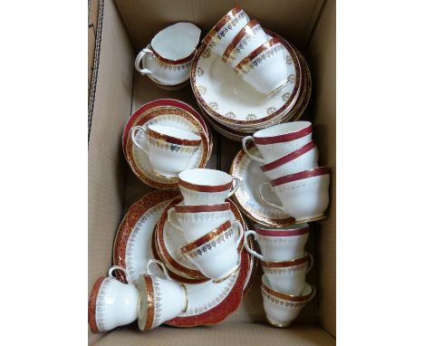 A box of blue and white china, a Duchess tea service and a box of miscellaneous china including Noritake, Aynsley and ribbon 