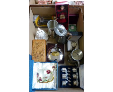 A box of miscellaneous including napkin ring set, hip flask, pewter jug, tankards, watch, die cast, Coalport figurine, boxed 