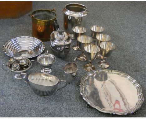 A box of plate and other metalware including a set of goblets, tea service, brass and copper ice bucket and a cruet set