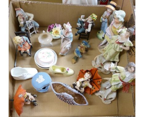 A large figurine and a box of figurines including glass basket, Wedgwood, trinket box, and three further boxes of china and g