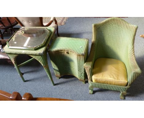A child's Ercol rocking chair together with a Lloyd loom style wicker armchair with matching linen basket and table and a bev