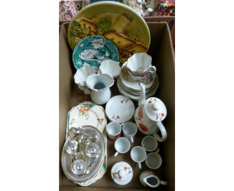 A box of miscellaneous including sandwich set, Avon coffee set, wall plaque, tea service, plated egg cup set together with a 