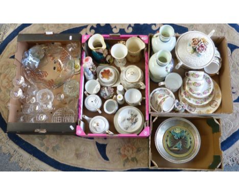 A box of glassware together with two boxes of china including a pair of vases, Crown Staffordshire tankard, table centre piec