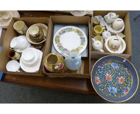 Three boxes of china and glassware including Torquay ware, Wedgwood, Sylvac, Bunnykins china, Royal Worcester, Minton plates,