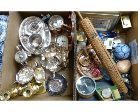 A box of miscellaneous collectables including parasol, carriage clock, glass and ceramic bird figures, solitaire board, barom