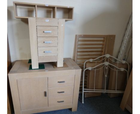 A Dutch 'Kidsmill' limed oak part bedroom suite comprising three height chest, cupboard with three drawers, book shelf, and s