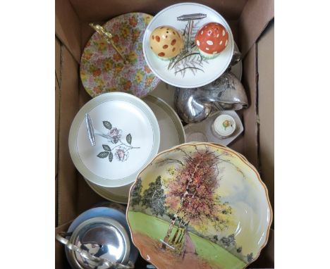 A selection of cake stands, Royal Doulton bowls, Beswick preserve pot, Doulton trio and part tea service (2)