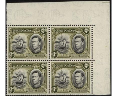 Grenada. 1942-50 3d perf 13_ x 12_ unmounted mint corner block of four, R1/6 extra window and broken handrail. R2/6 with a co