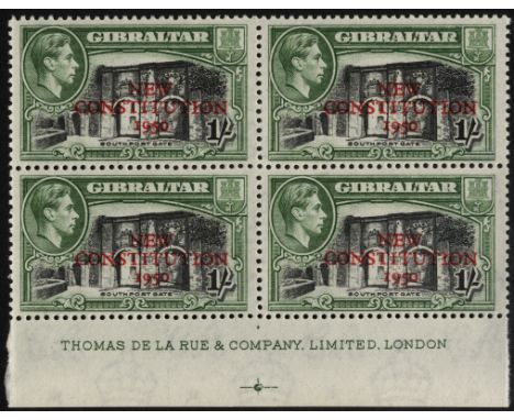Gibraltar. 1950 New Constitution 1/- imprint block of four, R9/4 broken 'R'. SG 143a (£130)/CW S15a