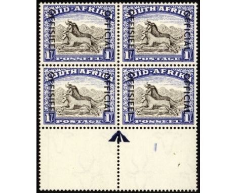 South Africa. Officials. 1953 1/- blackish brown and ultramarine mint bottom arrow block of two pairs, hinged on top pair onl
