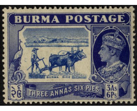 Burma. 1938 3_a light blue and blue mint (small hinge remainder), R9/5 'tickbird'. SG 27b (£150)/CW 10a