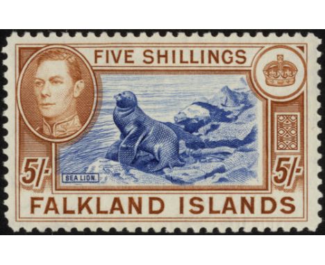 Falkland Islands. 1937 printing of the 5/- blue and light brown, unmounted mint. SG 161/CW 16/Heijtz 91a